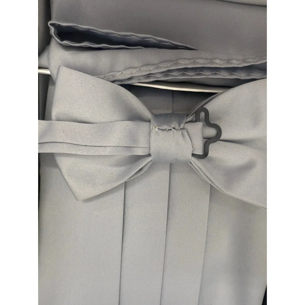 New In Box Brand Q Silver Gray Cummerbund‎ Bowtie Hankie Set Wedding Prom  #5